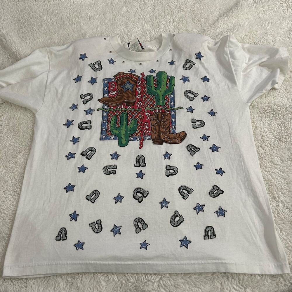 VTG 90's Cowgirl Western Graphic T-Shirt Embellished Made in USA Boho Indie - Picture 2 of 8